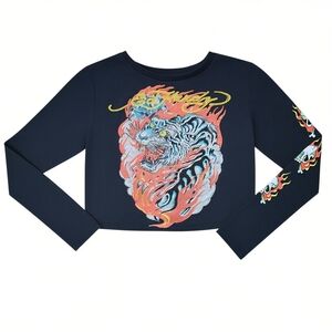 Y2K Vintage Ed Hardy Jeweled Crop Top Size Large Tiger Retro Black 1990's